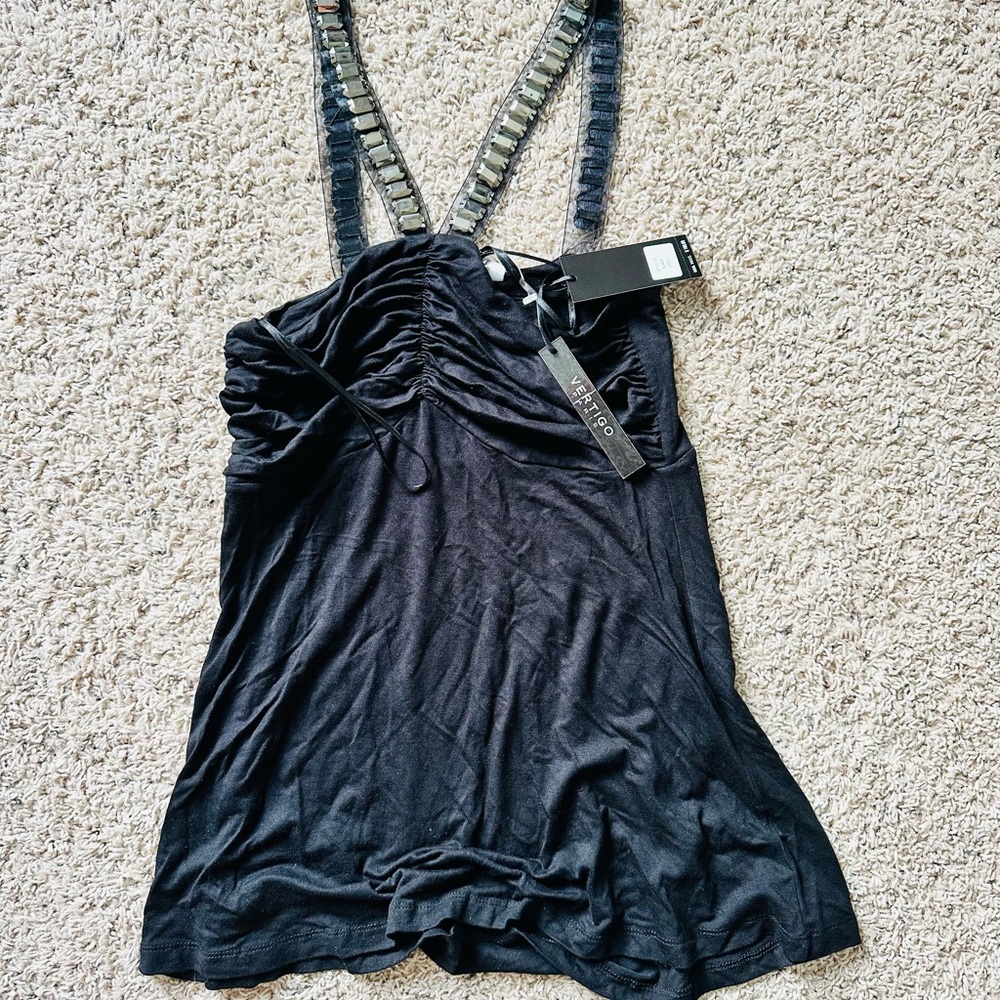 Vertigo Paris Black Ruched Embellished Tank Top